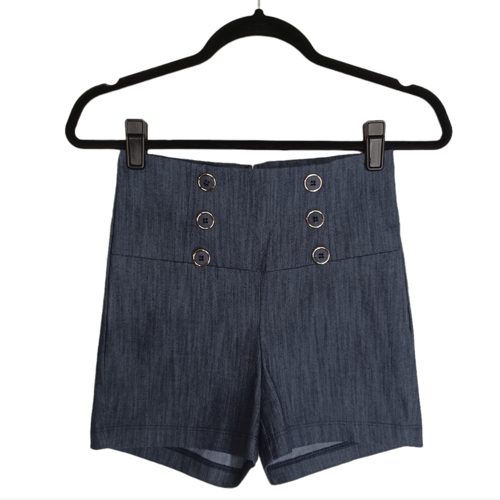 Dark Blue Chambray Button Detail High Rise High Waist Shorts X Small
